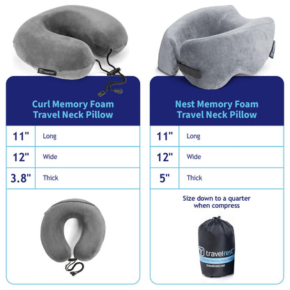 TRAVELREST Nest Neck Pillow Travel Essentials - Memory Foam Pillow and Patented Design, Support for Long Flights, Travel Accessories, Comfortable and Compact, Washable, Attaches to Luggage - Gray