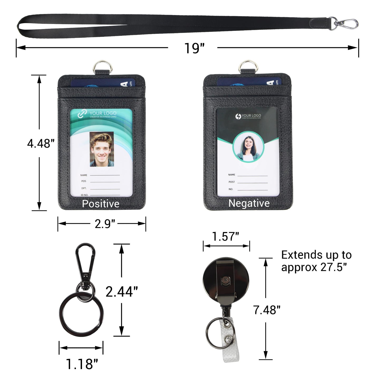 Walaufsti ID Badge Holder with Two ID Windows, 2 Pack Vertical PU Leather Badge Card Holder with 1 Heavy Duty Retractable Reel & 1 Lanyard & 1 Keychain Clip