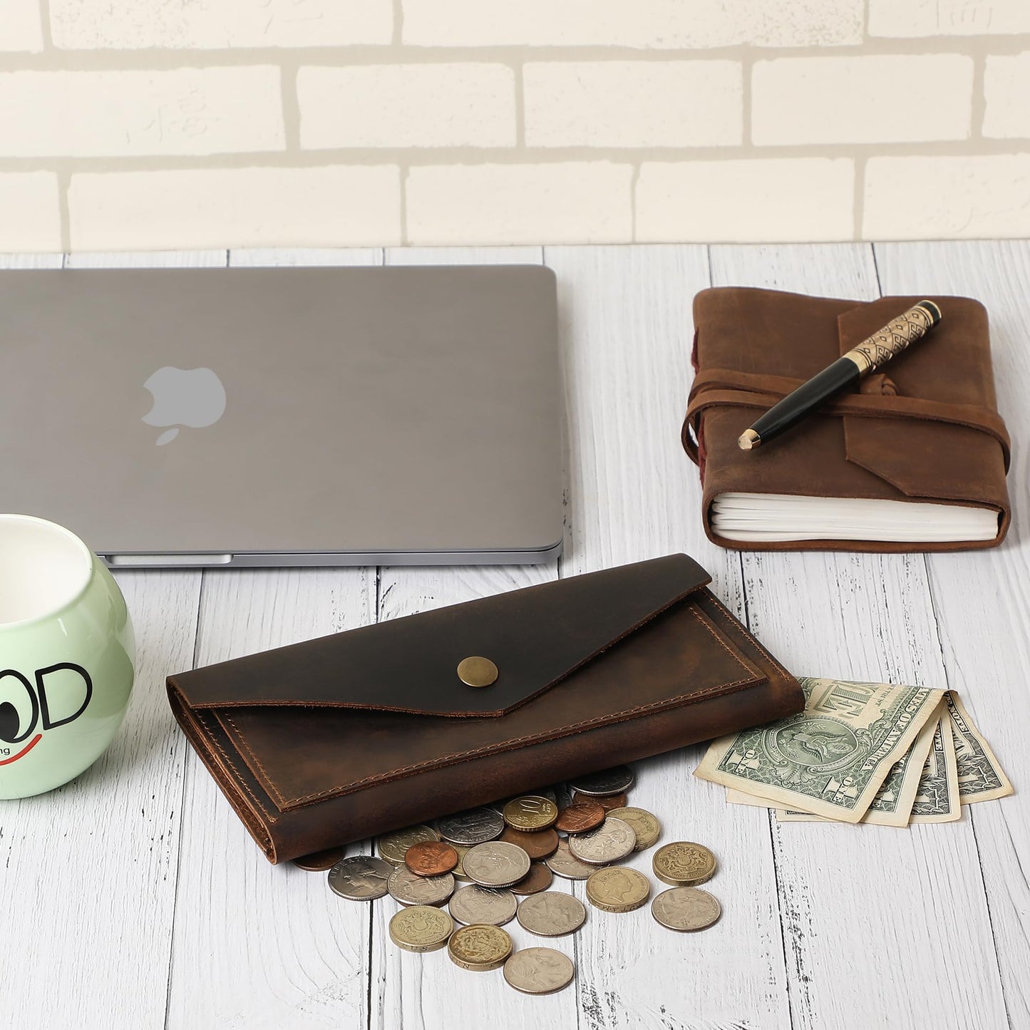 TheAntiq Brown Leather Cash Envelopes for Money - Small Money Pouch With Mobile Holder, Handmade Leather Wallets Currency Holder - Money Organizer for Cash Money Bag for Travel Wallets for Women