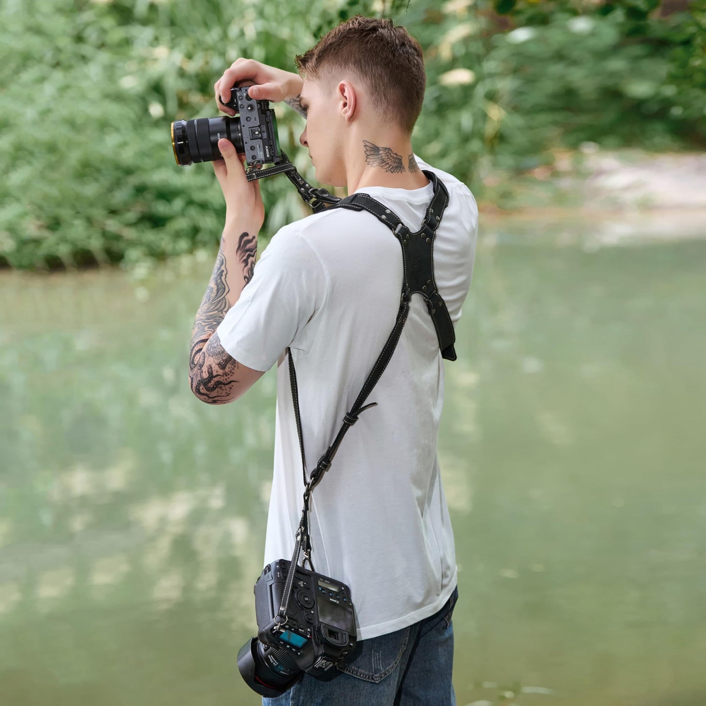 Padwa Lifestyle Black Frosted Dual Camera Harness Strap with Padded for Two Cameras -Full Grain Leather Dual Camera Harness,Multi Camera Gear for DSLR/SLR Strap,Double Camera Harness for Photographers