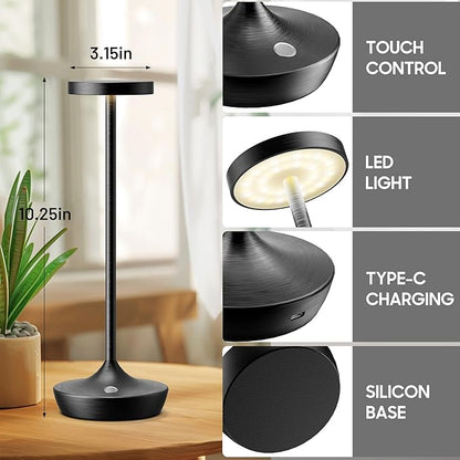 2 Pack Cordless Table Lamps, Battery Operated LED Desk Lamp, 3-Color Stepless Dimming, Portable & Waterproof, for Restaurants, Bedrooms, Bars, Outdoor Parties, Camping, and Cafes (2Pack Black)