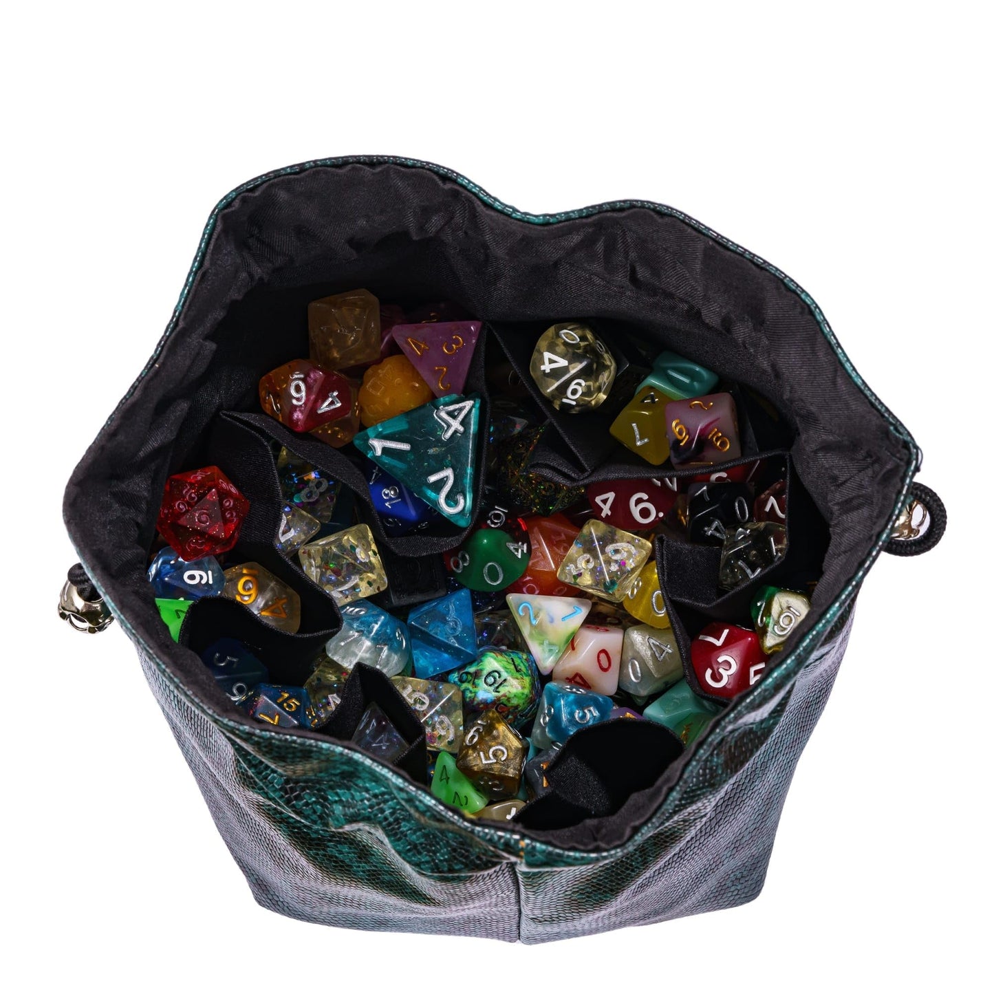 KSNDie Large DND Dice Bag Leather Dice Storage Bag Dark Green D&D Drawstring Pouch with Pockets for RPG Table Games - Can Hold 200+ Polyhedral Dice