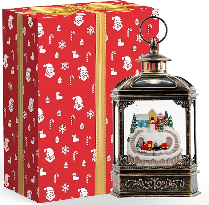 Christmas Snow Globe Lantern Water Glittering Snowman & Train with Music, USB Lined/Battery Operated Lighted Lantern for Christmas Festival Decoration Gifts