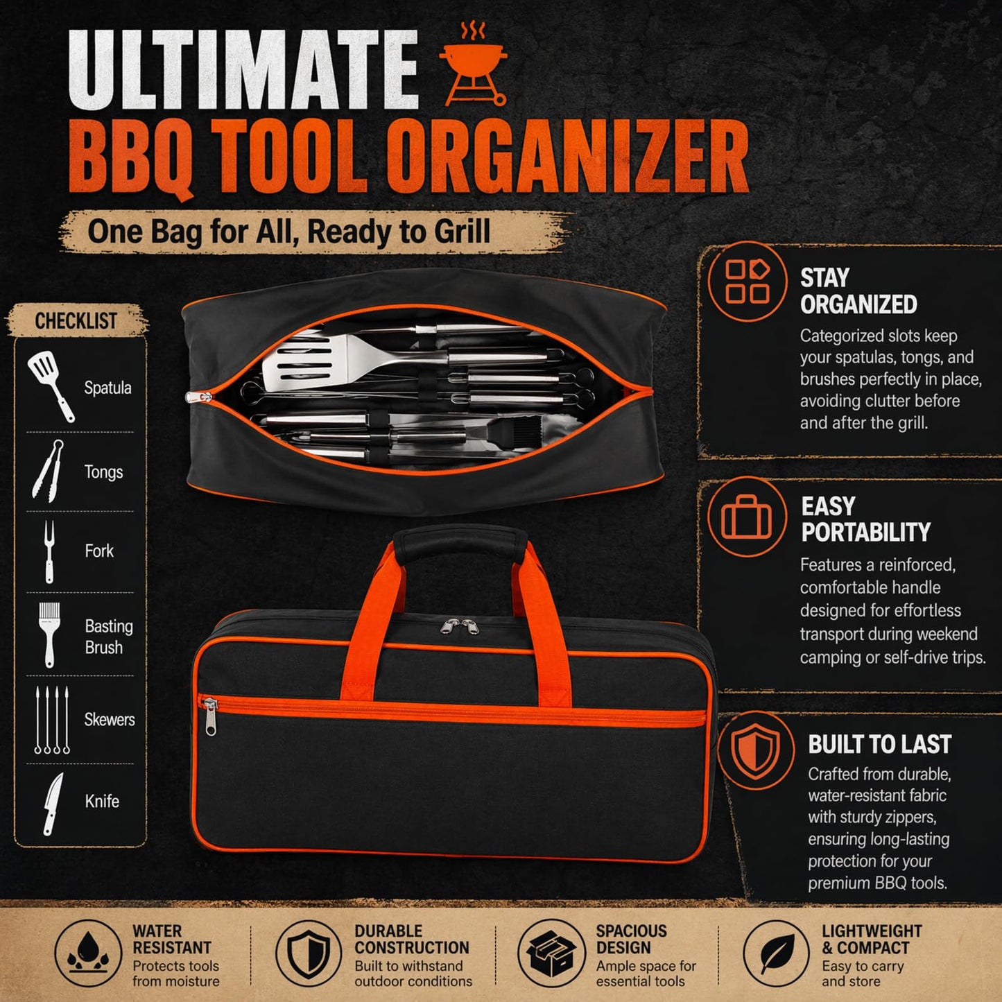 Grill Tool Storage Bag, Large Capacity Grill Accessory Storage for Outdoor Barbecue, Oxford Cloth Grilling Utensil Storager for Camping BBQ Enthusiasts (Only Bag Without Tools)