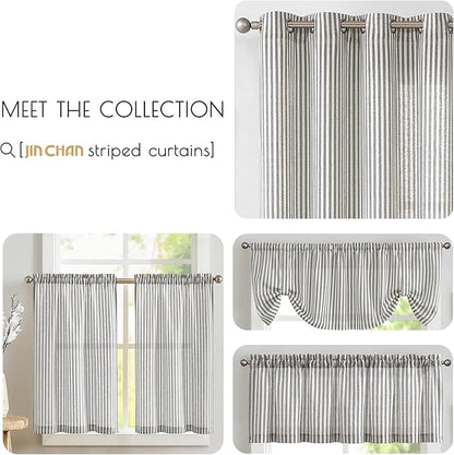 JINCHAN Tie Top Linen Kitchen Curtains 36 Inch Striped Tier Curtains Farmhouse Modern Cafe Style Small Window Treatments Airy Light Filtering Rod Pocket for Living Room Bathroom 2 Panels Charcoal Grey