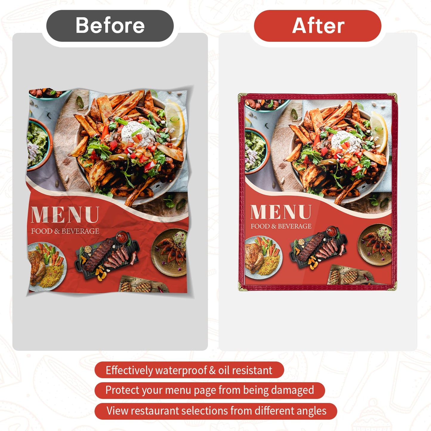 FLKQC 10 Pack 8 View Restaurant Menu Covers, Fits 8.5" x 11" Paper, Transparent Recipe Menu Covers Holders for Kitchen, Drink, Wine Menu Covers Burgundy (10, 8.5"x 11" (4 Page, 8 View))