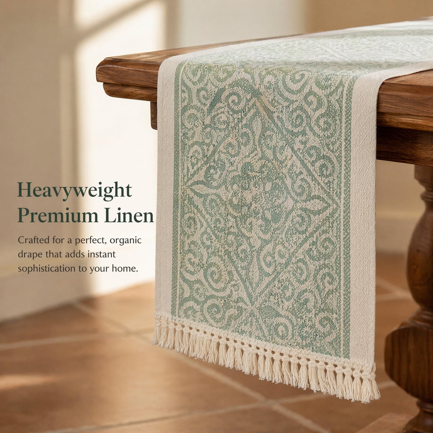 UWWGKK Spillproof Boho Table Runner with Tassels, Nordic Norland Woven Linen Textured Dresser Scarf, Heavy Duty Water Resistant Farmhouse Decor for Dining and Coffee Table, Beige, 14x107 Inches