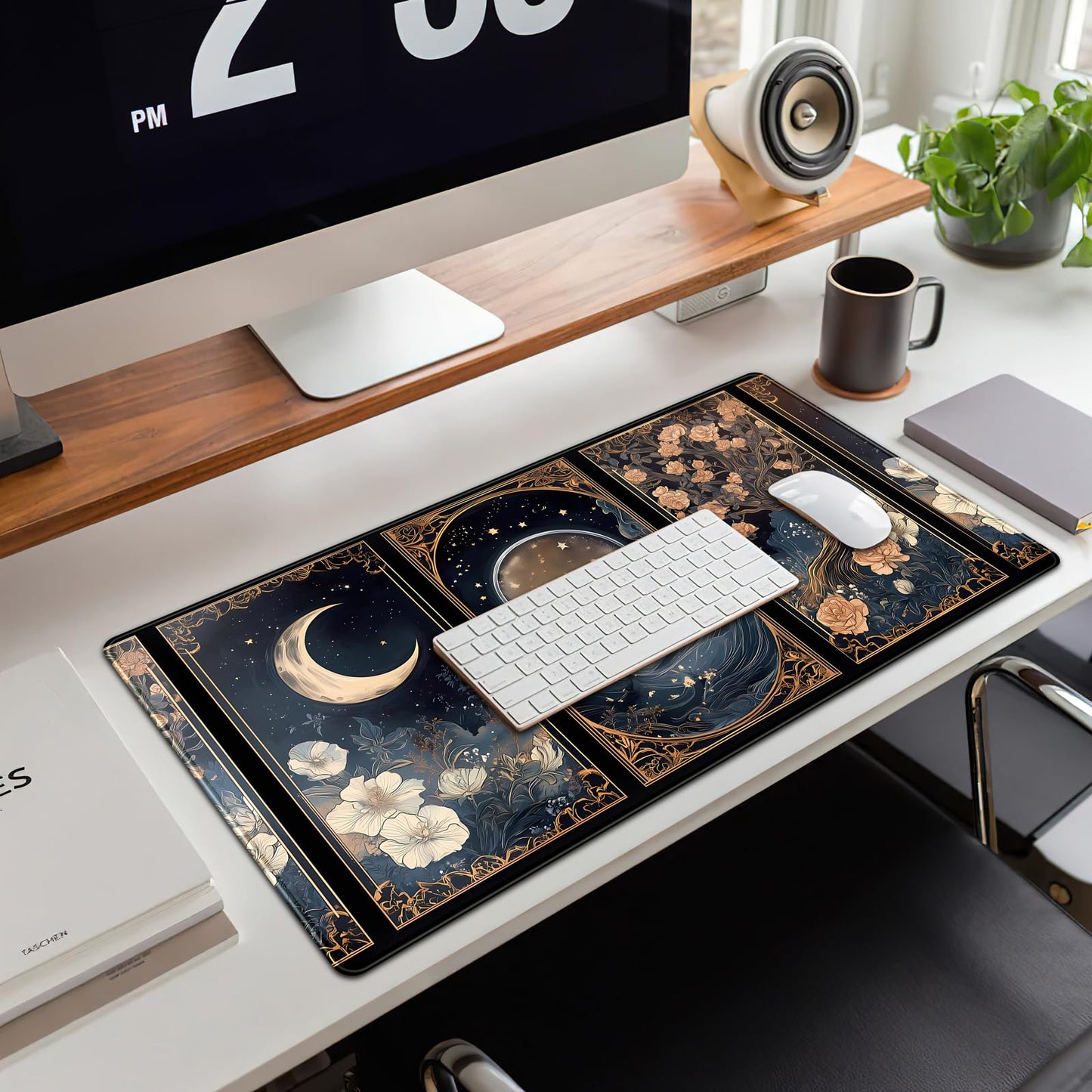 Celestial Lunar Nature Tarot Card Desk Mat Moon Floral Large Mouse Pad XXL 31.5''X 15.7'' Witch Night Botanical Desk Pad Gaming Mousepad Keyboard Mouse Mat for Laptop Computer Office Decor Gift