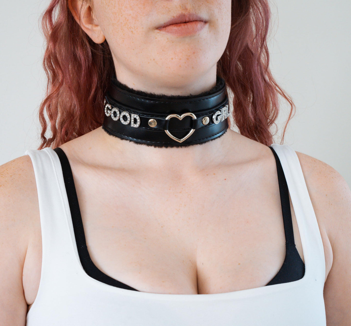 ADEMISHIA Pink Furry Heart O-ring Leather Choker Collar For Women, Handmade Punk Gothic Letter Necklace Adjustable Fashion Jewelry