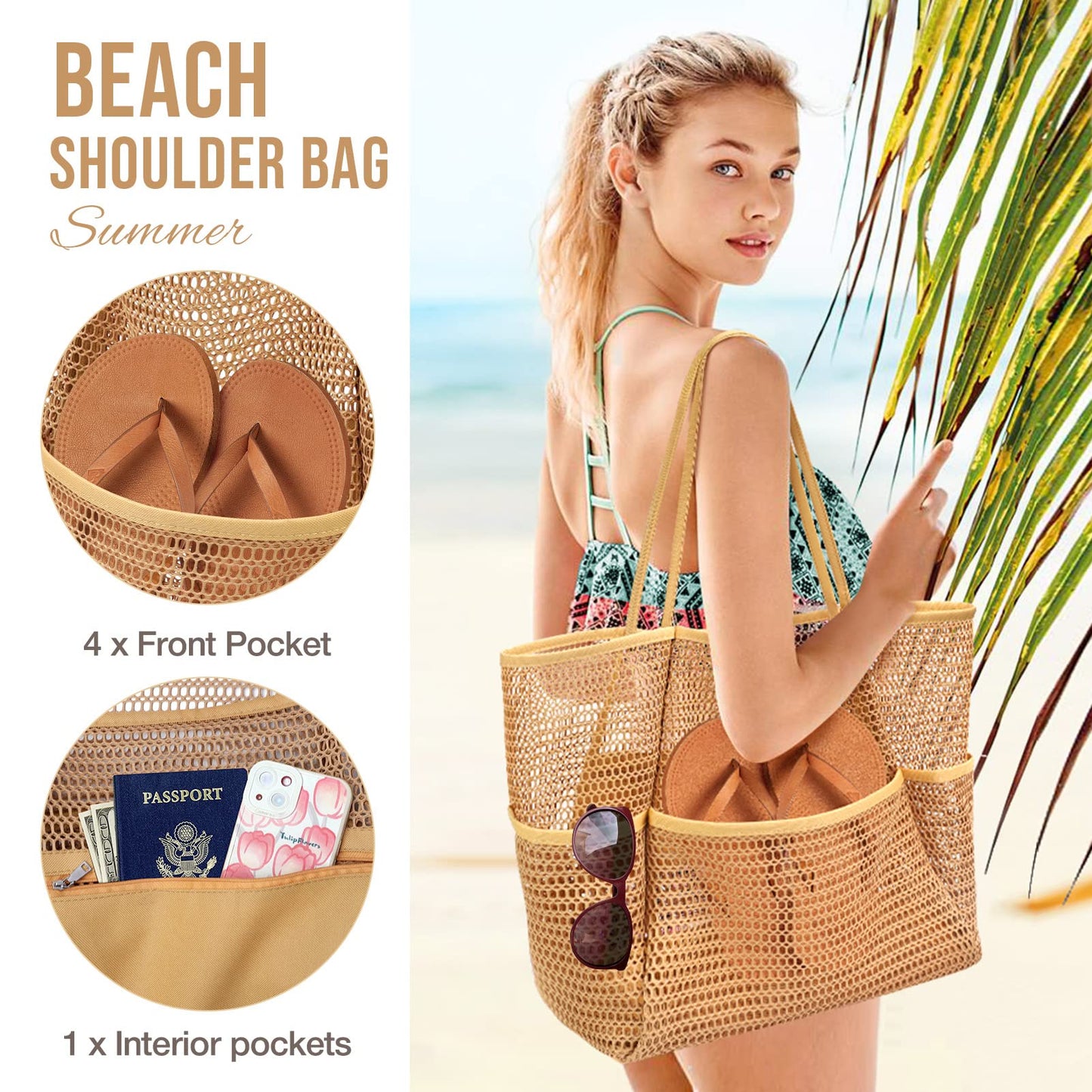 KPX Beach Bag with Mini Pocket, Summer Beach Tote Bags for Women Large Foldable Mesh Swimming Pool Travel Bags - Sandproof(Khaki)