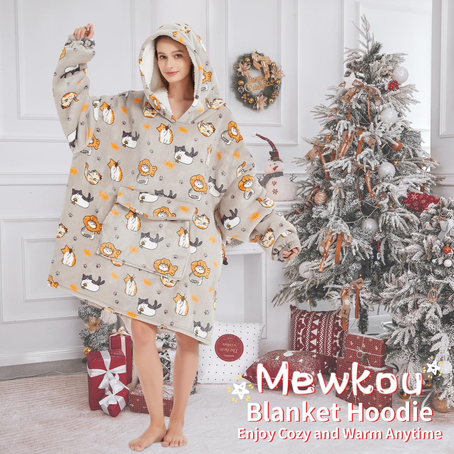 Mewkou Wearable Blanket Hoodie for Adult,Oversized Sherpa Fleece Blanket Hoodie for Women Men,Cat