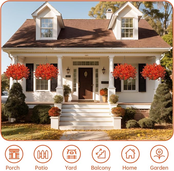 Artificial Fall Flowers with Hanging Baskets Outdoors for Decoration Faux mums for Outdoor planters Fake Mums Artificial Hanging Plants UV Resistant for Autumn Porch Home Patio Decor (Harvest Orange)