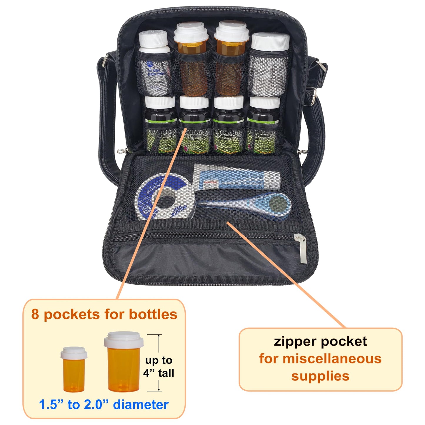 StarPlus2 Medium 2-in-1 Pill Bottle Organizer, Crossbody PU Leather Purse for Women, Medicine Bag, Case, Carrier for Medications, Travel Medicine Organizer, Med Bag - Black (Without Lock)