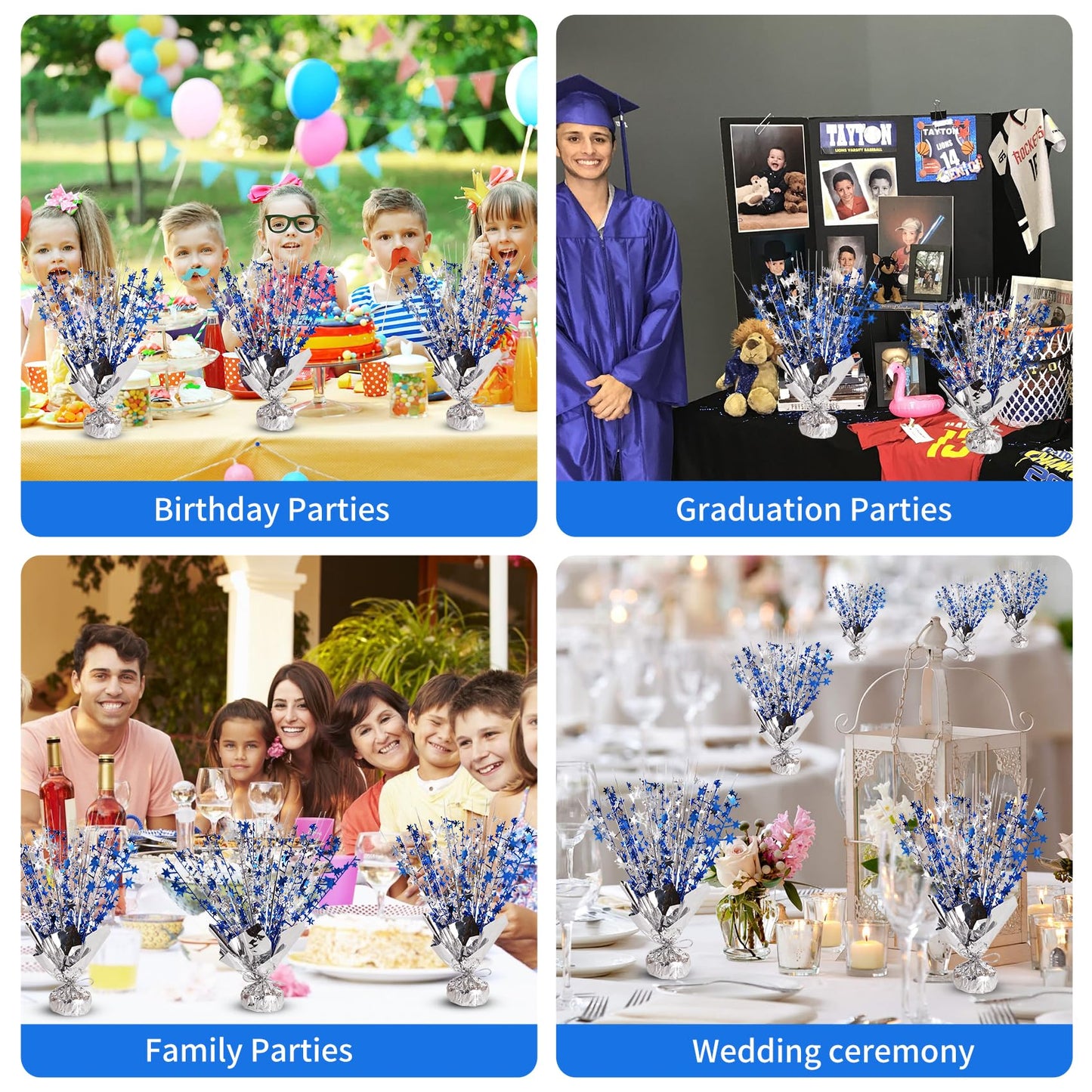 6 Pack Metallic Foil Spary Centerpieces for Tables, Silver Navy Blue Centerpieces for Tables Decorations, Star Brust Table Centerpieces for Birthday Graduation Wedding Baby Shower Party