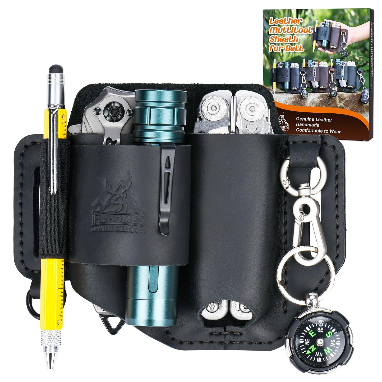 FLYHOMES Genuine Leather Multitool Sheath | Handmade Stitched EDC Belt Organizer for Leatherman Surge | Flashlight, Knife Holster, Pen & Tools Pouch | Black (Large)