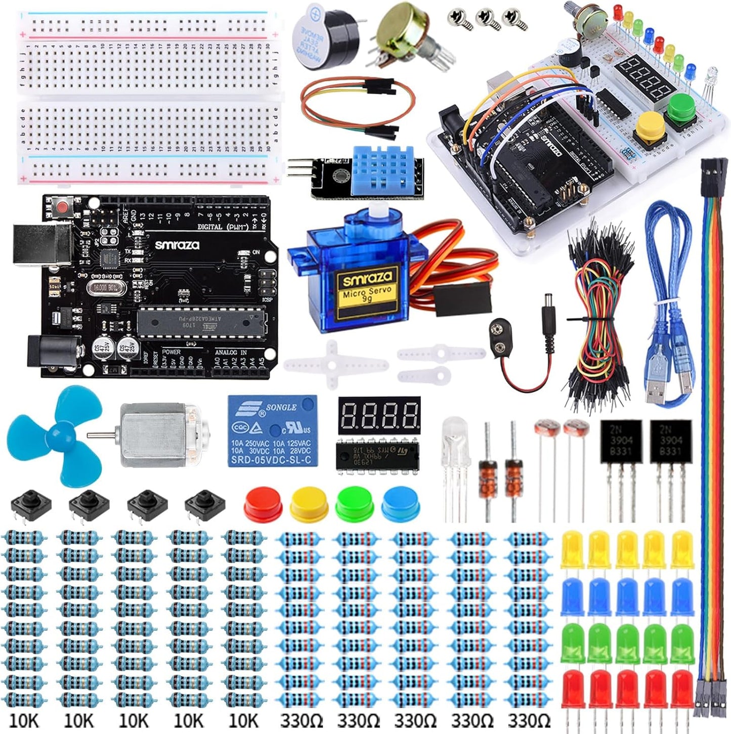 Smraza Ultimate Starter Kit with Tutorial, Breadboard Holder, Jumper Wires, Resistors, DC Motor Compatible with Arduino R3 Project Compatible with Mega 2560 Compatible with Nano