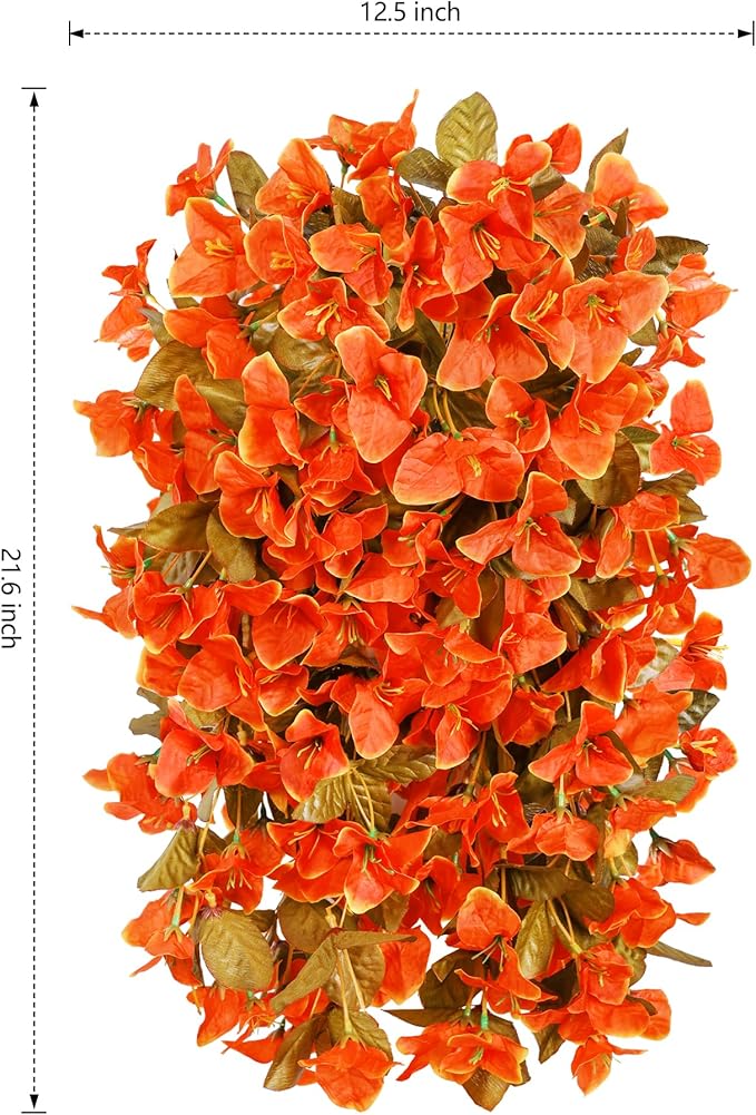 HyeFlora Bougainvillea Artificial Hanging Flowers Plants for Outdoors Winter Decoration, 2pcs Faux Bougainvillea Vines Orange Fake Flowers Realistic UV Resistant Silk Flowers for Outside Planter Yard