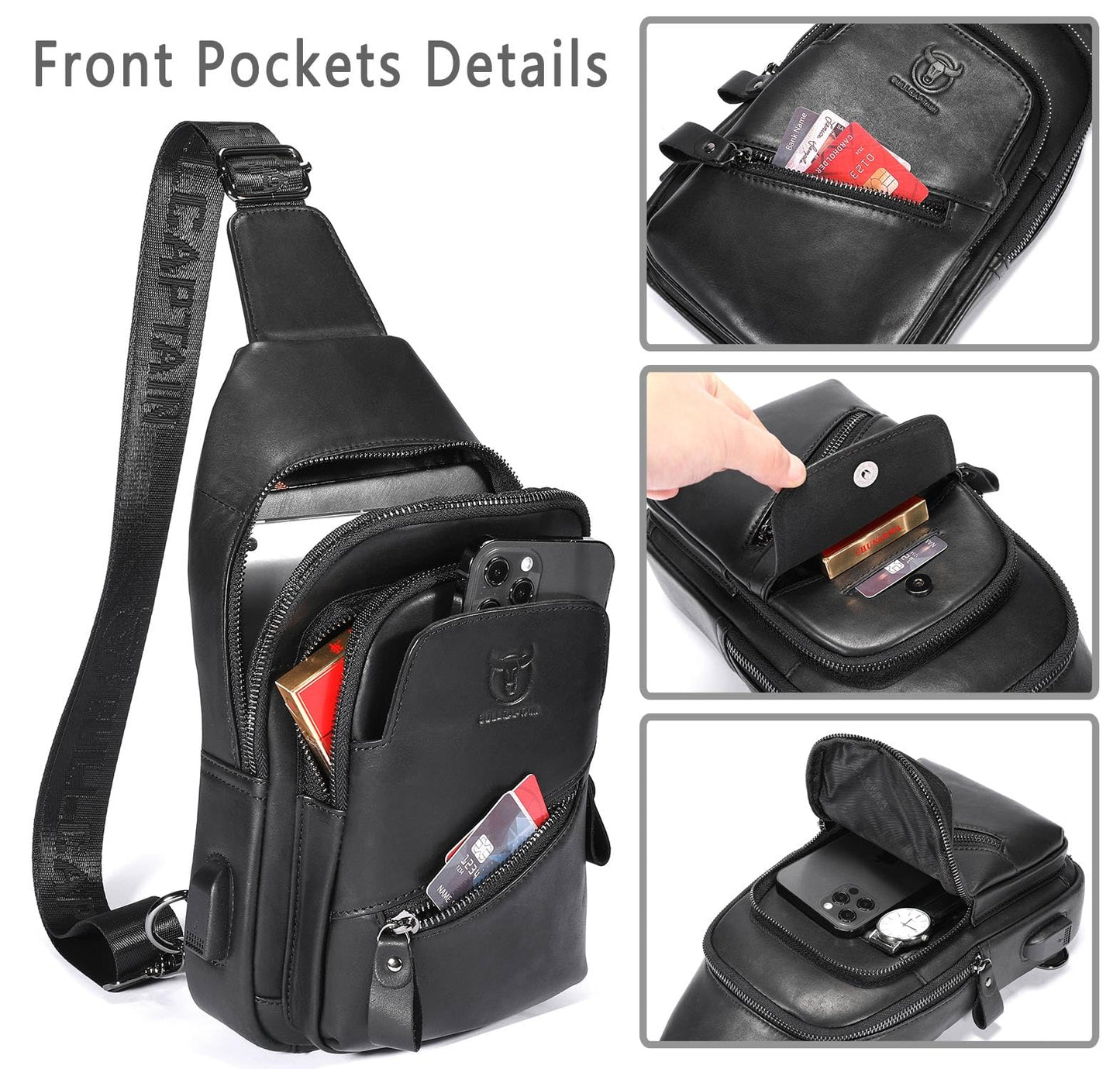 Leather Sling Bag for Men Crossbody Backpack with USB Charging Port Casual Daypack for Hiking Shoulder & Chest Bag Purse (Black)