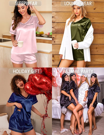 Ekouaer Silk Pajama for Women Short Sleeve Satin Pj Set Two Piece Soft Sleepwear Loungewear Casual Pjs for Summer Black-Champagne Stripes L
