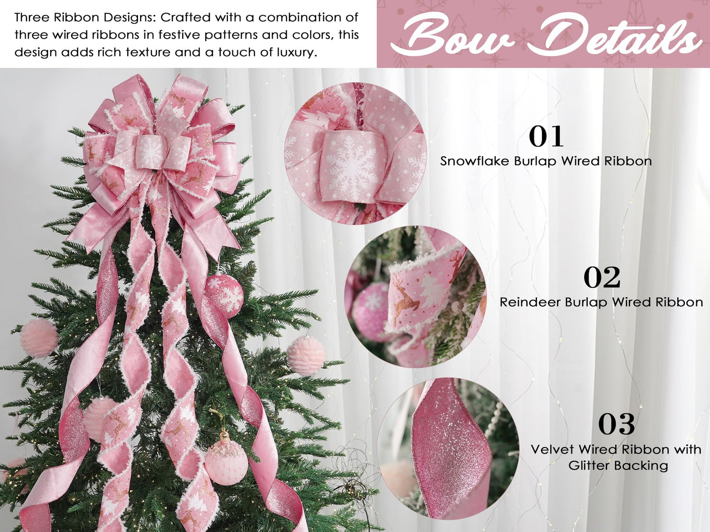 HUIHUANG Pink Christmas Tree Topper Bow 13 inch x 45 inch Large Christmas Bows Pink and White Snowflake Velvet Bows for Christmas Tree Ornament, Wreaths, Staircase, Mantel, Home Decor