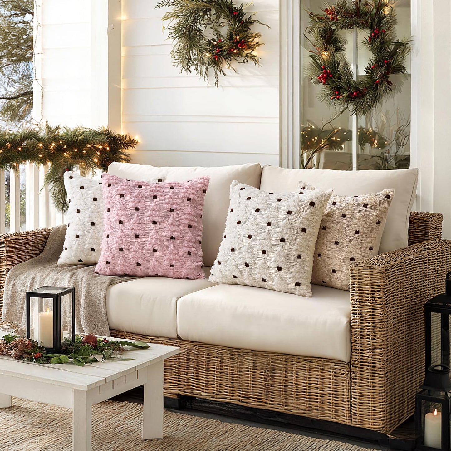 MIULEE Christmas Tree Decorative Pillow Covers Faux Fur Wool Throw Pillows Soft Plush Cushion Covers Set of 2 Xmas Home Decor Winter Holiday for Sofa Couch Livingroom Bed 18x18 Inch Cream