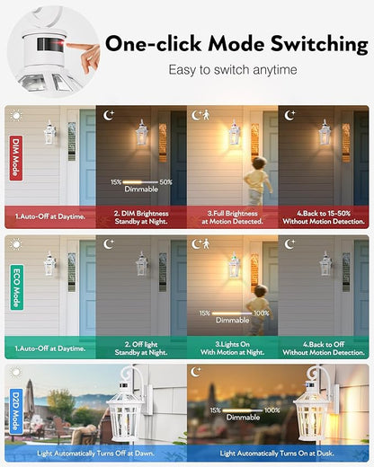2 Pack Motion Sensor Outdoor Wall Lantern, White Outdoor Garage Lighting Fixtures Wall Mount, Waterproof Front Porch Lights with E26 Base, Exterior Sconce Light with Adjustable Sense Range