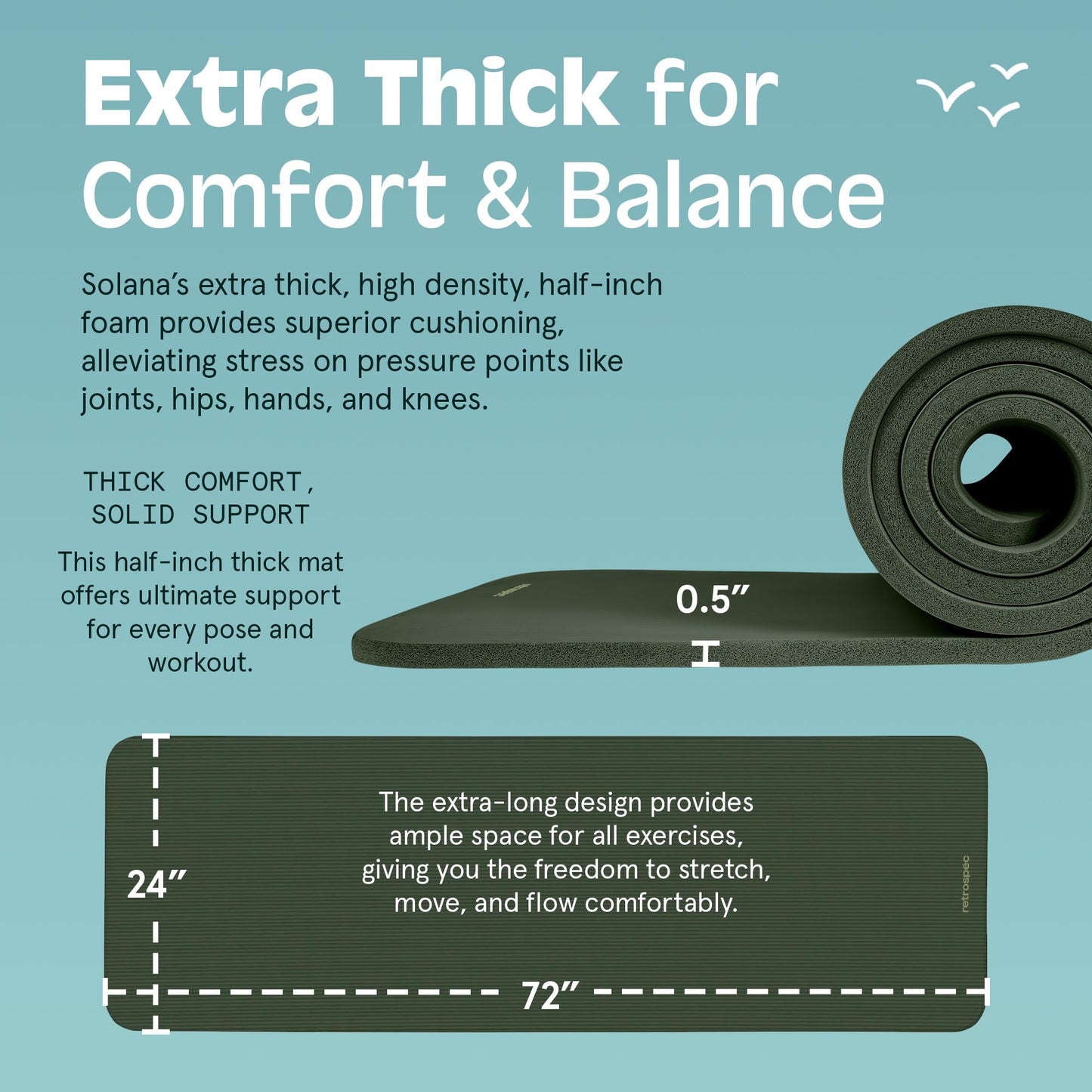 Retrospec Solana Yoga Mat 1/2" Thick w/Nylon Strap for Men & Women - Non Slip Exercise Mat for Yoga, Pilates, Stretching, Floor & Fitness Workouts