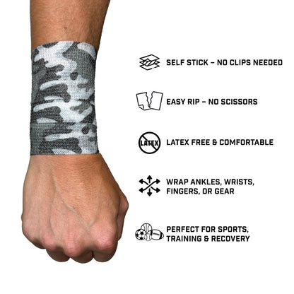 Self Stick Athletic Tape – 2” x 6.5 Yards – Latex-Free, Easy Rip Sports Wrap for Football, Baseball, Soccer, Wrist, Ankle, Finger & Injury Support (Blackout Camo)