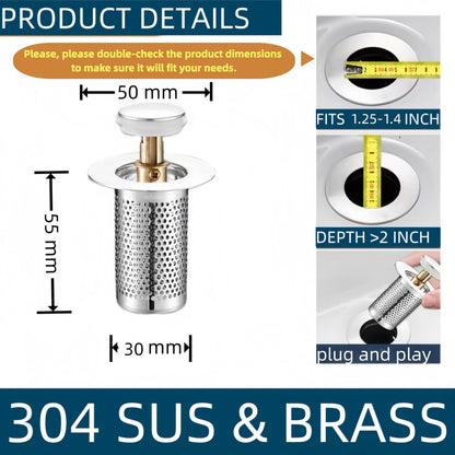 Bathroom and Kitchen Sink Drain Strainer, Universal Pop-up Sink Drain Strainer with Removable Stainless Steel Strainer Basket Hair Catcher, Universal Pop Up Bathroom Sink Stopper Replacement