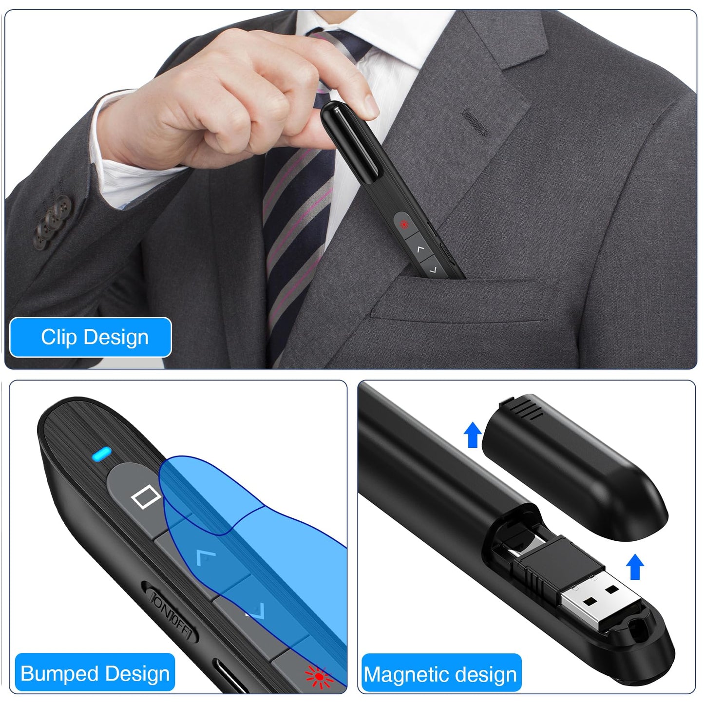 DinoFire USB C Rechargeable Presentation Remote with Red Light,Wireless Preseter PPT Slide Clicker Advancer for MacBook Laptop Computer