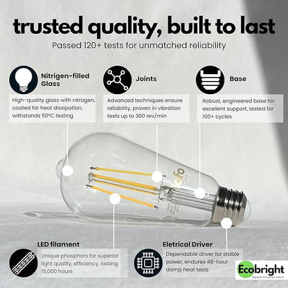 EcoBright ST19/ST64 LED Filament Bulbs, Dimmable, 60W Equivalent, 9W, 800 Lumens, 2700K Warm White, CRI90+, E26 Base, Flicker-Free, Edison Chandelier, ETL/FCC Certified (8 Pack)