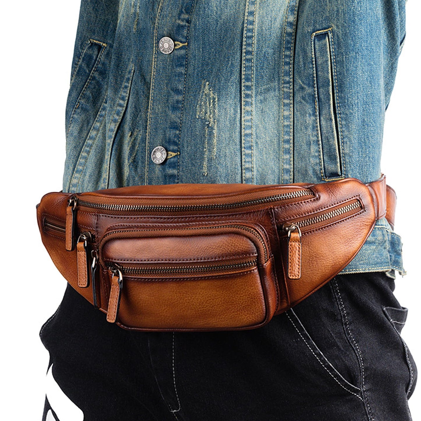 Myunxui Genuine Leather Fanny Pack Waist Bag for Men Women Hip Bum Bag Travel Pouch Sling Bag Crossbody Chest Bags Shoulder Daypack Multiple Pockets Waist Pack Brown