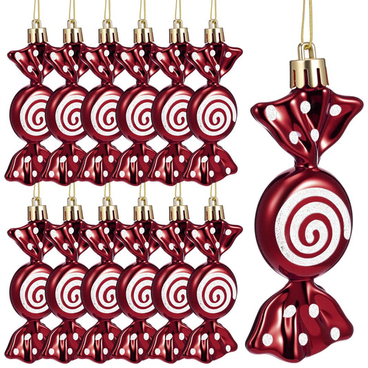 Threan 12 Pcs Christmas Candy Ornaments for Tree Decoration Hanging Glitter Candy Cane Christmas Peppermint Ornament with Golden Rope for Xmas Holiday Decoration(Burgundy,Plastic)