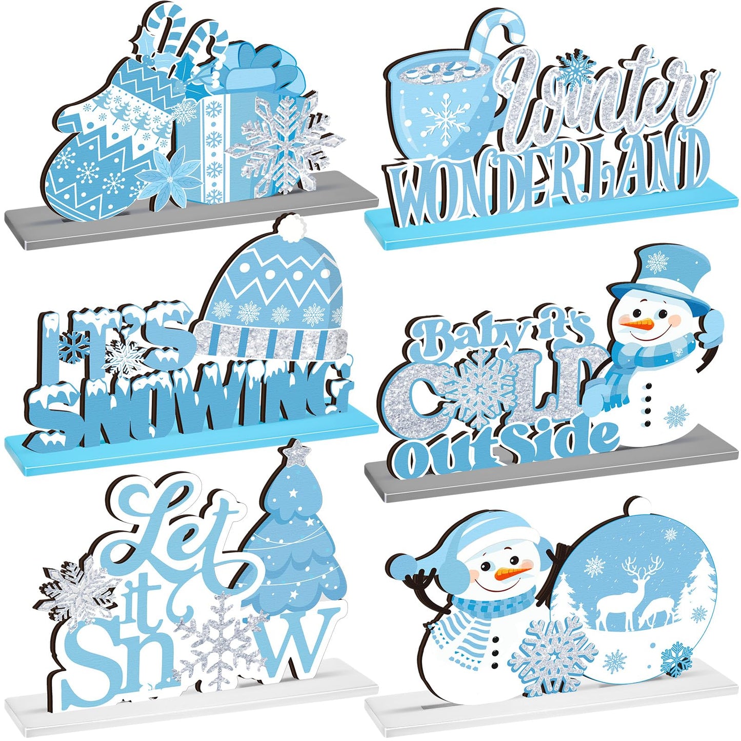 Wonderjune 6 Pcs Winter Wooden Table Decor Snowflake Snowman Wooden Centerpieces Wonderland Decor for Winter It's Snow Theme Xmas Birthday Baby is Cold Outside Party Supplies(Blue)