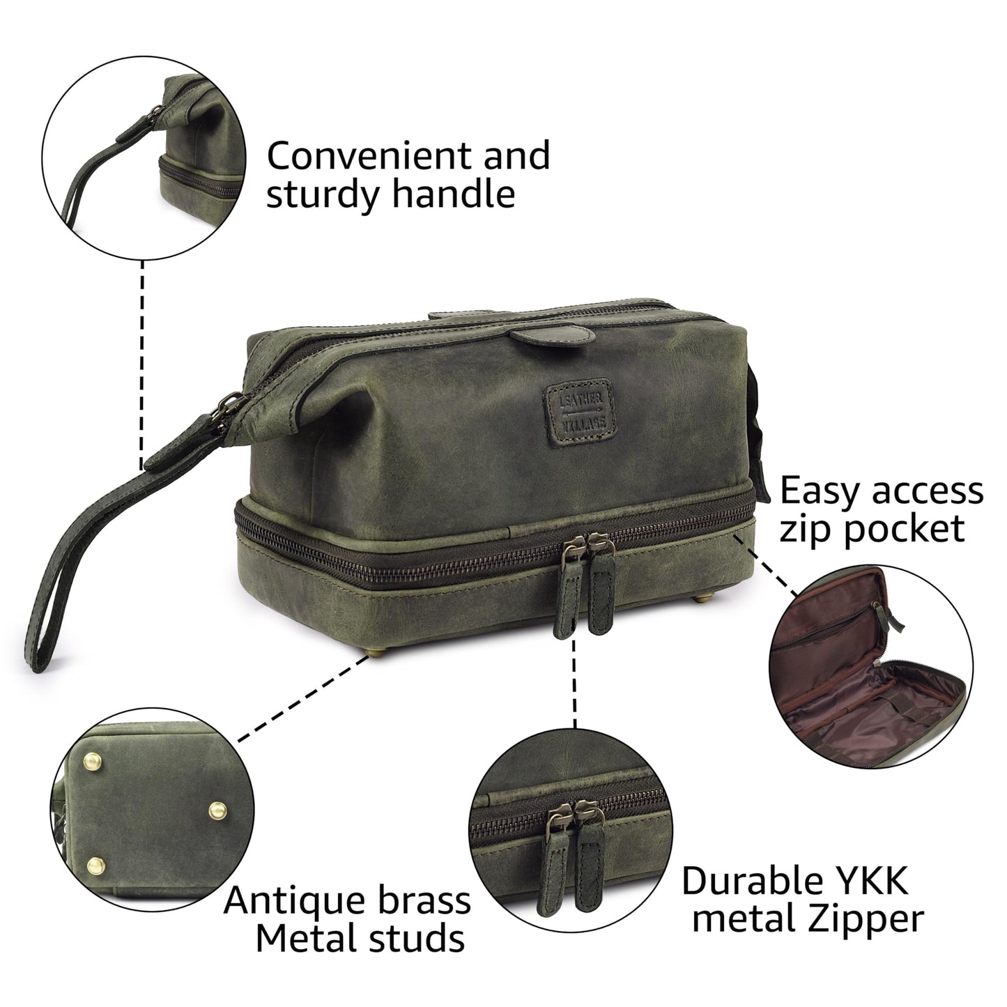 LEATHER VILLAGE Genuine Leather Dopp Kit – Large Travel Toiletry Bag with Waterproof Lining, Dual-Zip Design for Men & Women, Organizer for Shaving, Makeup & Essentials - Olive