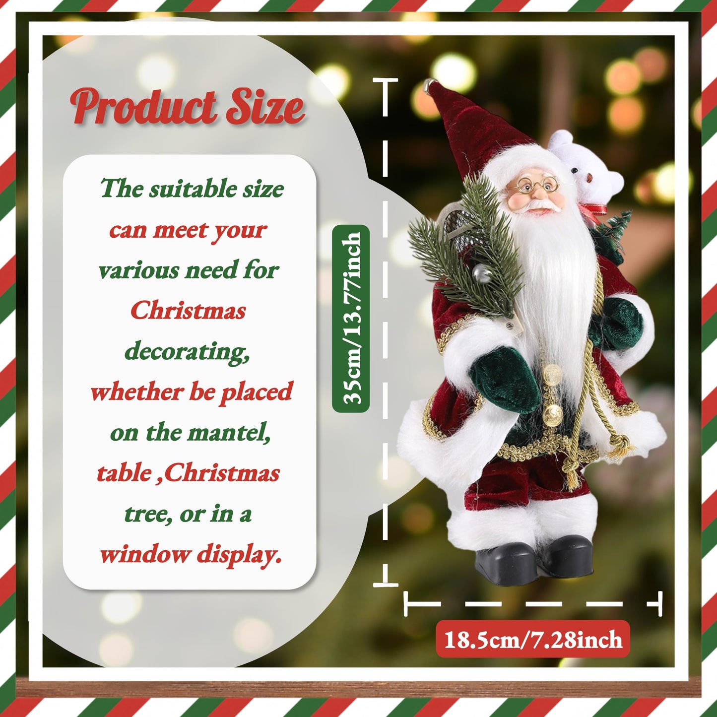 Enanal Santa Claus Figurine, 13inch Standing Christmas Santa Claus with Bear Sack and Pine for Christmas Indoor Home Decoration Xmas Gift Party Table Shelf Ornament