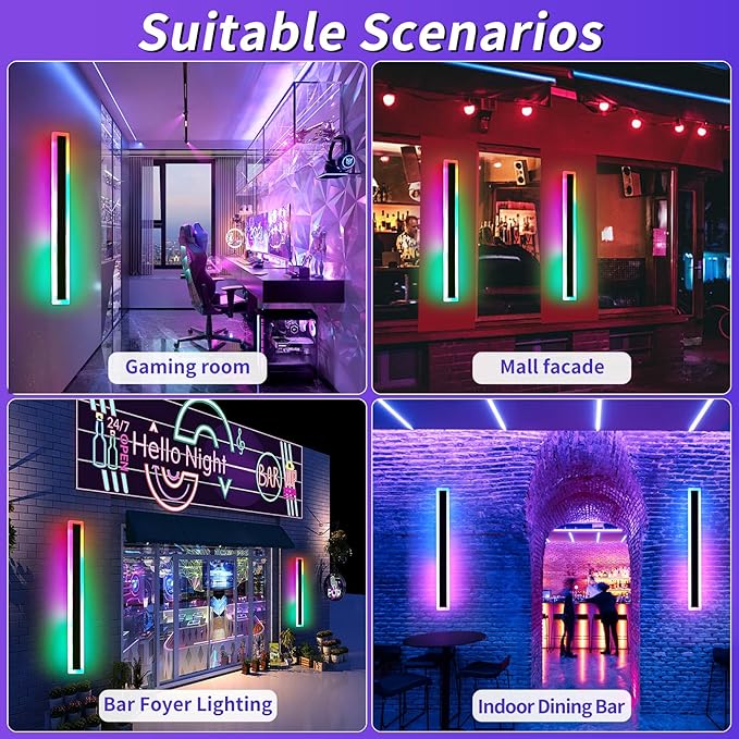 Mikeru 2pack 57inch Outdoor Wall Light Fixtures, RGB Long Exterior Wall Light 10%-100% Dimmable Smart Outdoor Light Fixtures Wall Mount Featuring Multiple Modes and 12 Colors for Patio Entryway