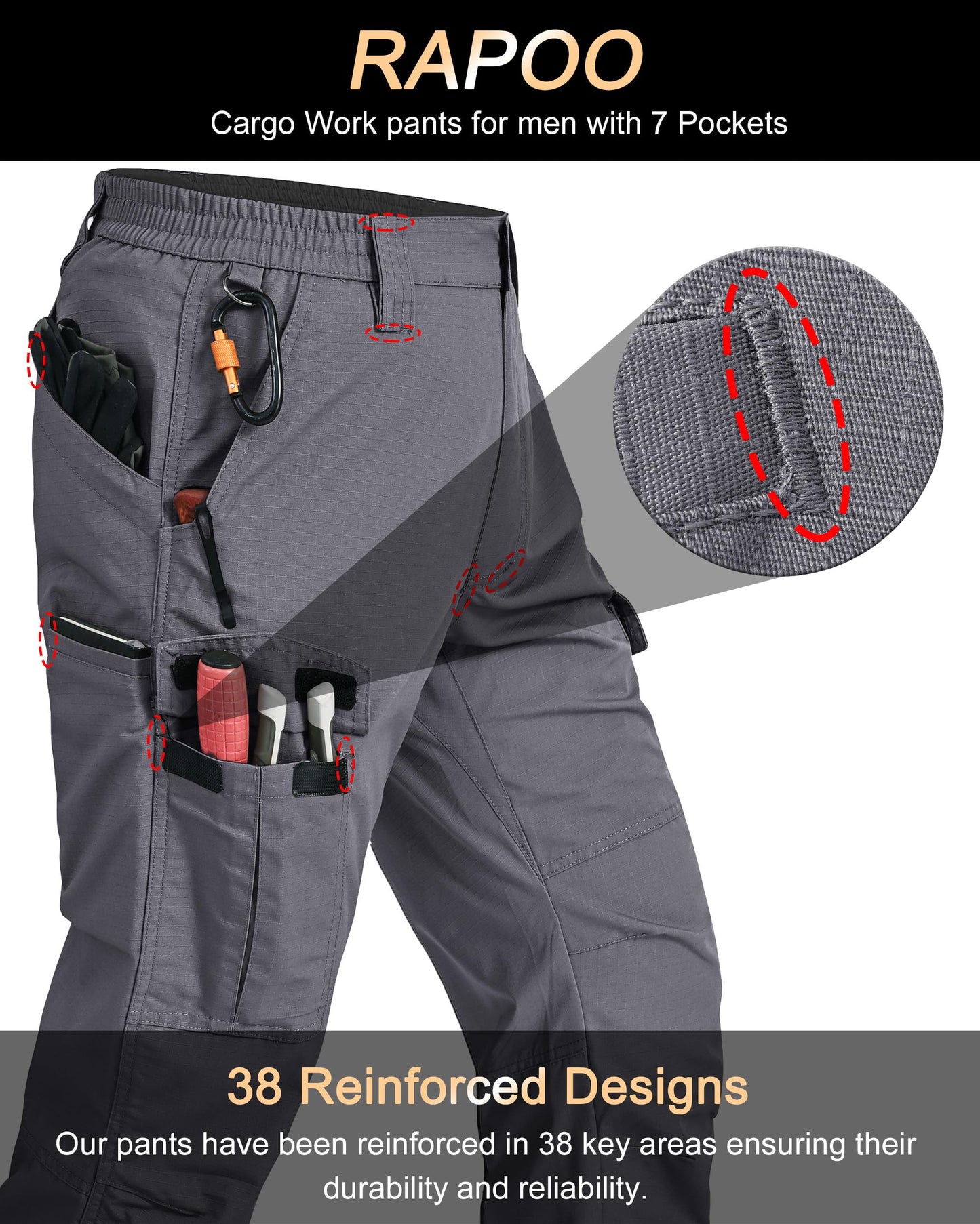 Rapoo Tactical Pants for Men Cargo Working Fishing Hiking Pants for Men with Multi Pockets Elastic Waist Mens Ripstop Construction Carpenter Pants Grey 40Wx30L