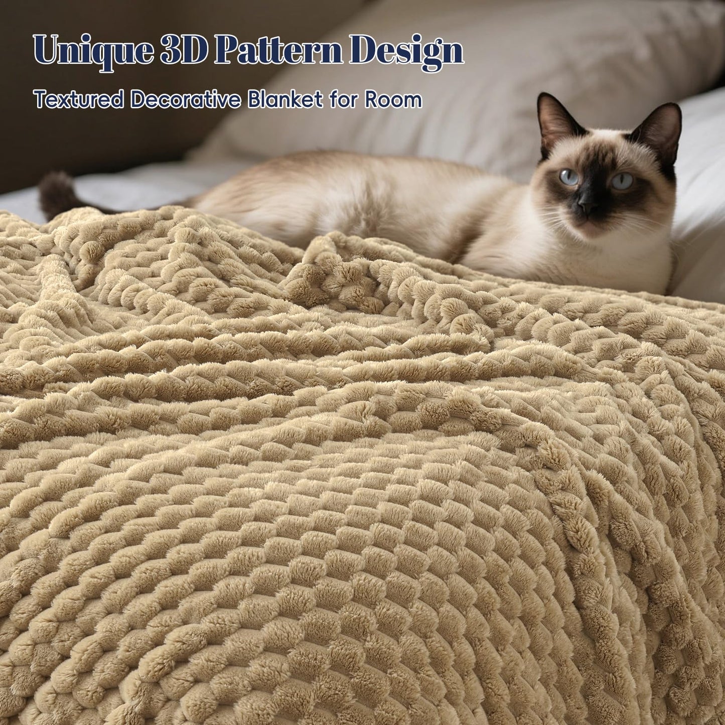 PHF Ultra Soft Flannel Fleece Blanket Queen Size, Lightweight 3D Jacquard Fleece Blanket, No Shedding, No Pilling, Luxury 340GSM Aesthetic Fluffy Cozy for Bed Room Decor, 90"x90", Khaki