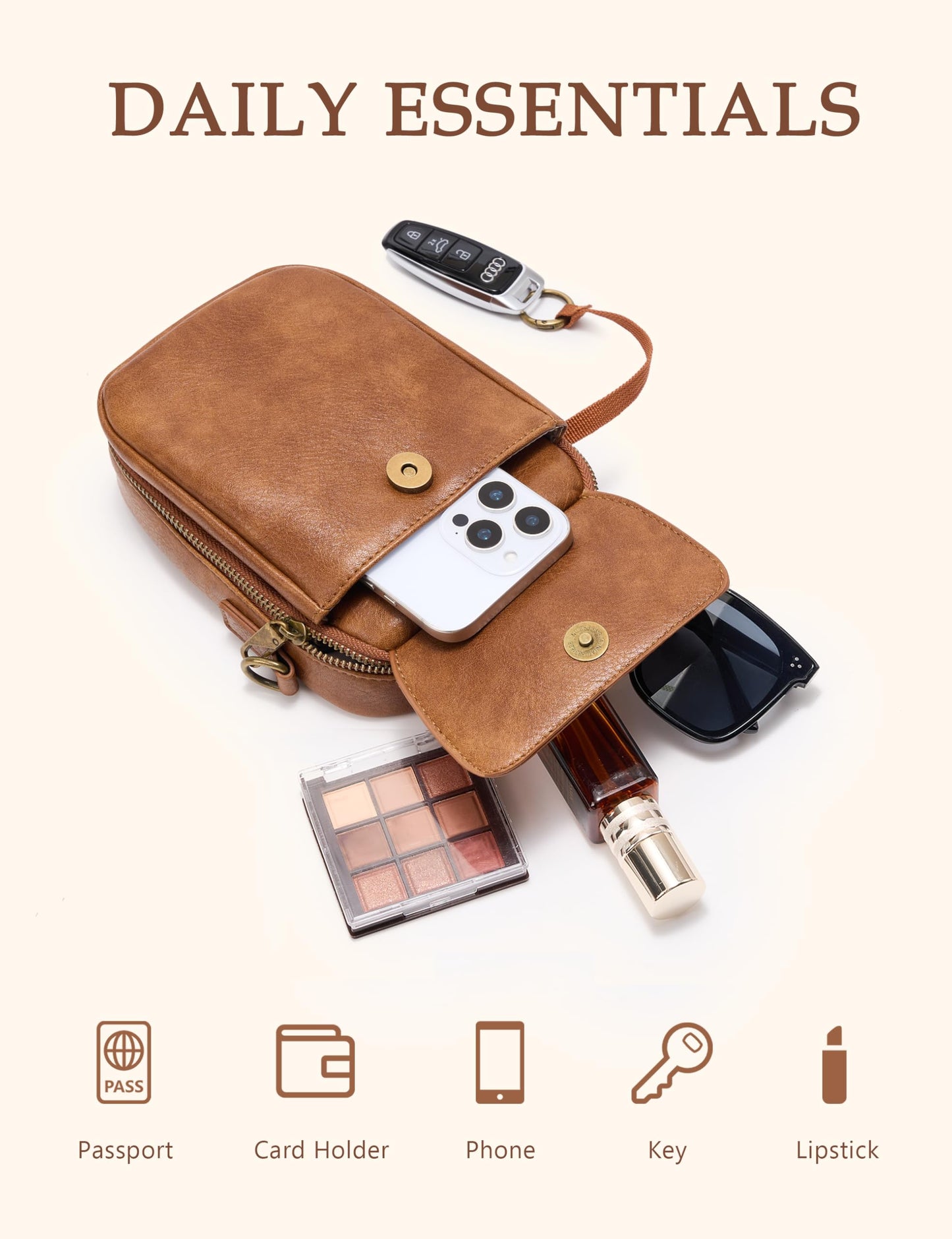 Yarnic Small Crossbody Bag, Vegan Leather Cell Phone Purse for Women, Vintage Wallet Bag with Card Slots (Brown-leather strap)