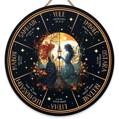 RIVEENY Wheel Of The Year Wall Hanging，12"Witchcraft Knowledge Sign Moon Decor Halloween Witch Decor Kitchen Witchery Sign Wizards Sign Celestial Decor Moon Phases Meanings Plaque (GJ036)