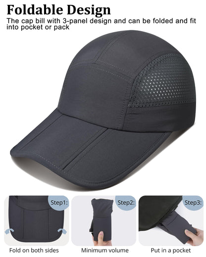 GADIEMKENSD UPF 50+ Foldable Baseball Cap with Long Brim, Cooling Running Hat Quick Drying Breathable Mesh, Water-Repellent, Suitable for Golf Tennis Sports Travel Dark Grey
