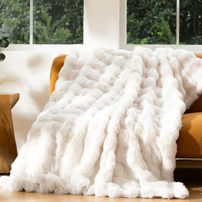 Luxury Faux Fur Throw Blanket 3D Bubble for Couch - Fluffy Blanket Double-Sided Non-Shedding, 50x60 Inches, Fits Bed/Car/Camping/Patio, Gift for Women,Room Decor,White