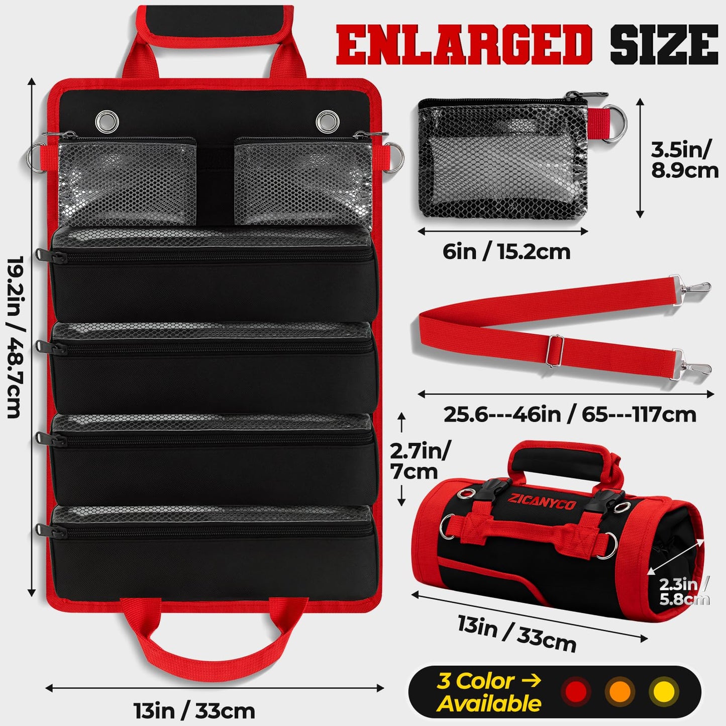 ZICANYCO Roll Up Tool Bag, Heavy Duty See-Through Tool Roll Organizer with 2 Detachable Pouches, Portable Mechanic & Motorcycle Tool Bag, Birthday & Father’s Day Gift, Red