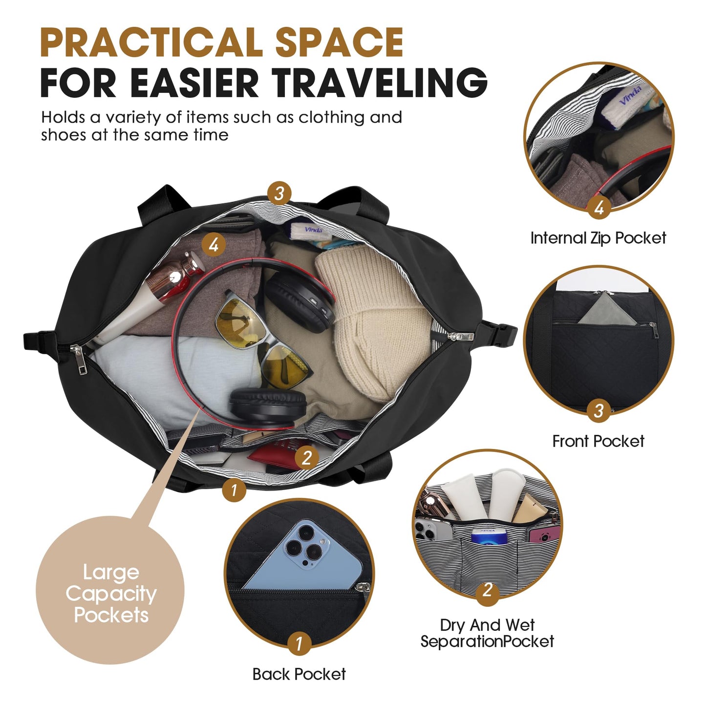 Oeihuivt Weekender Bags for Women with 3 Extra Pack - 21 Inch Large Travel Duffel Bag Set with Shoe Compartment, Heavy-Duty Nylon Carry on Overnight Tote, Black