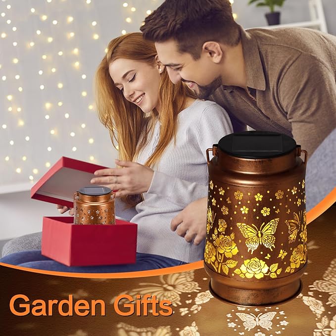 Butterfly Solar Lanterns Outdoor Waterproof Rose Garden Decor Gifts for Women Mom Grandma Hanging Solar Lights Metal Solar Decoration Outside for Yard,Patio,Backyard,Porch