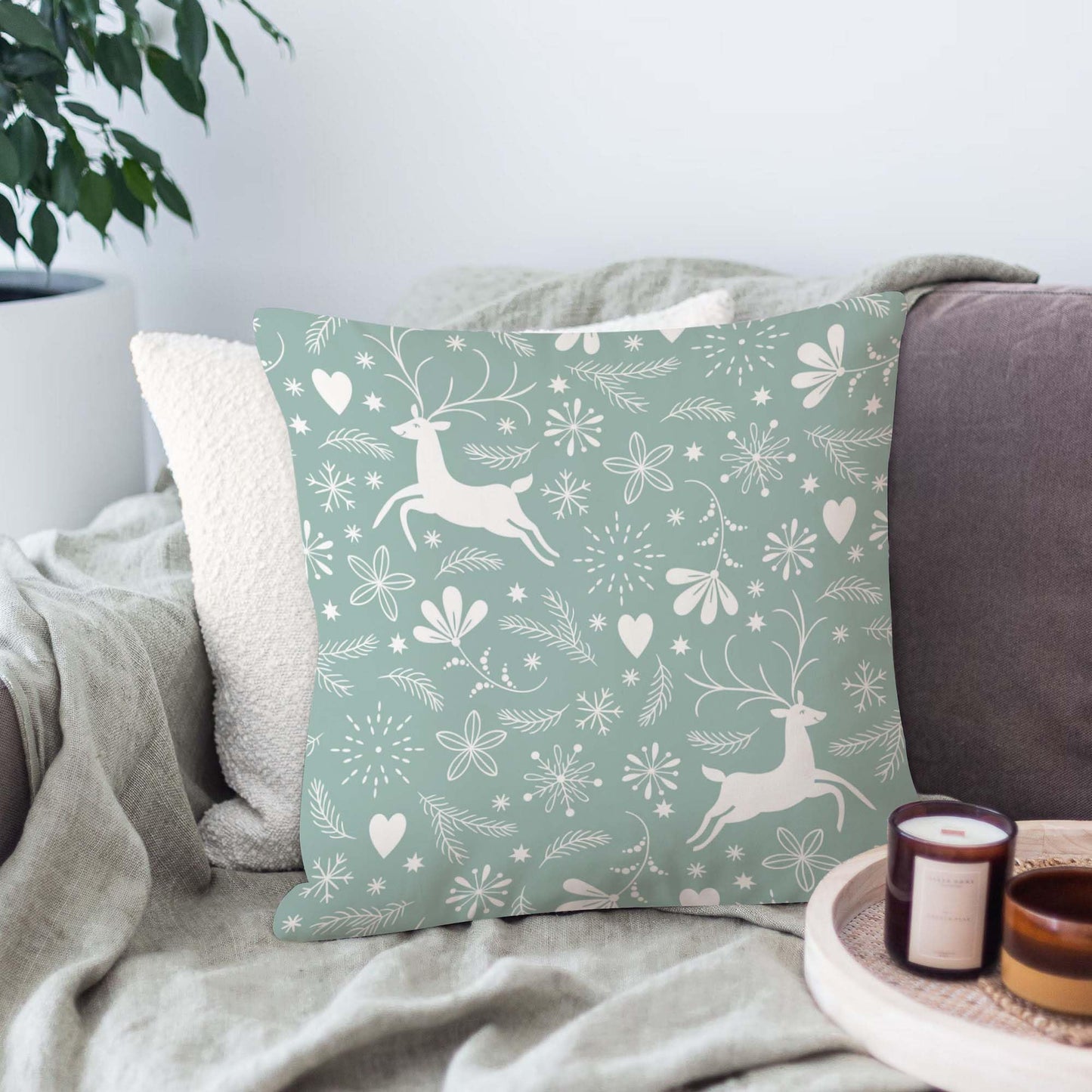 Jiaopenyou Throw Pillow Cover 20x20 Inch,Happy Christmas Tree Antlers Winter Snowflakes Throw Pillow Case,Home Decor Cushion Covers for Sofa Living Room Couch Bed