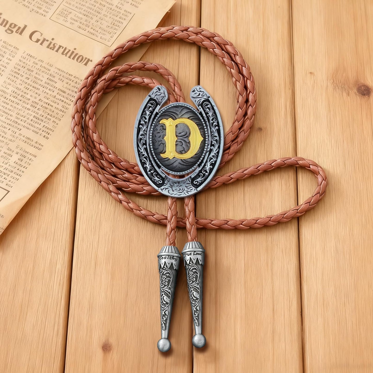 HUABOLA CALYN Brown Bolo Tie for Men Black Initial Letter ABCDMJR to Z Native American Western Cowboy Bolo Tie for Women (D)