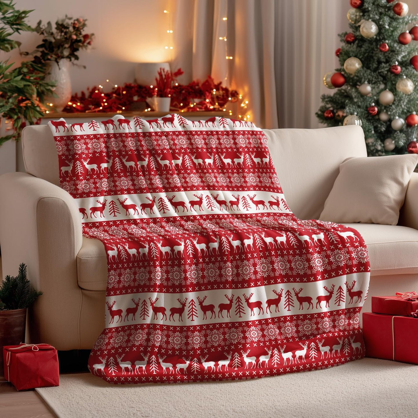 Horaldaily Christmas Sherpa Flannel Blanket Throw, Red Reindeer Soft Fuzzy Plush Cozy Fleece Blankets for Couch Sofa Bed Lounging, Ideal Gifts for Kids Adults Wife Self, 50x60
