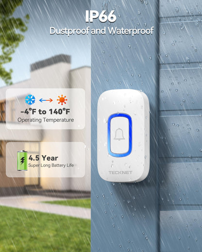 TECKNET Plug-in Wireless Doorbell with RGB Lighting & 1300 Feet Range,IP66 Waterproof Doorbell for Home/Classroom/Office/Business,60 Chimes,5-Level Volume,4.5-Year Battery Life(White)